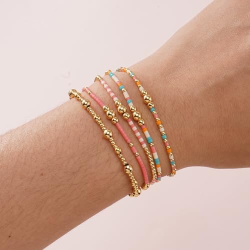14K Gold Plated Beaded Bracelets Stack Set for Women,Stretch Boho Colorful Beads Ball Jewelry Friendship Summer Trendy - color: Gold pink