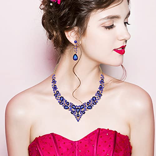 CSY 4 Pcs/Set Austrian Crystal Necklace Earrings Bracelet Ring Bridal Jewelry Sets for Brides Wedding Party Costume Accessories Gifts for Women - color: 02-gold plated-royal blue