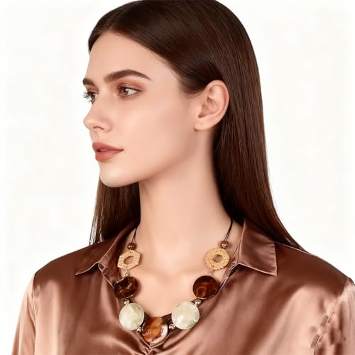 Chunky Acrylic Beaded Necklace for Women Colorful Acrylic Beaded Choker Round Beads Statement Necklace Fashion Jewelry - color: Brown