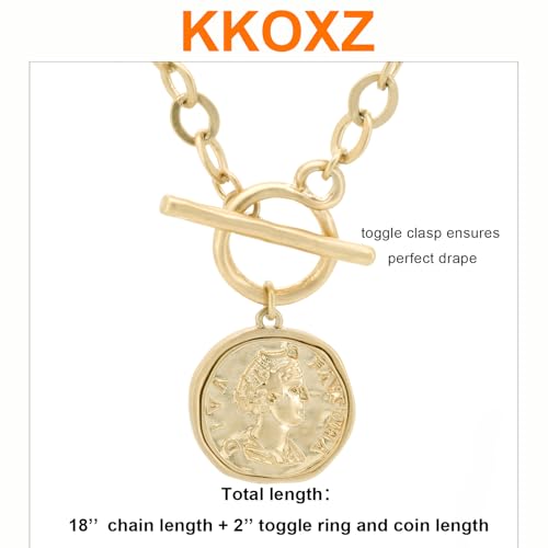 Chunky Gold Coin Pendant Necklace Trendy Layered Statement Chain for Women, Antique Toggle Design with Thick Link, Fashionable Necklaces for Women - color: 2pcs worn gold coin + Herringbone