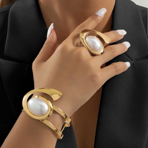 Boho Open Bracelet Ring Set for Women Black and Gold Jewelry Set Oval Cuff Bracelet Adjustable Ring Vintage Jewelry - style: Pearl