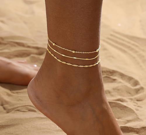 2/3 PCS Gold Anklets for Women Waterproof Cuban Link Anklet Beaded Bracelets Stackable Bracelets 14K Gold Plated Custom Jewelry Gifts Non Tarnish Lightweight - style: Gold Anklet 08