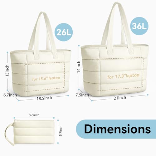 Puffer Tote Bag with Pouch, Women's Lightweight Quilted Shoulder Bag, 15.6"/17.3 Laptop Travel Weekender for Work & Nurses - color: White, size: Large