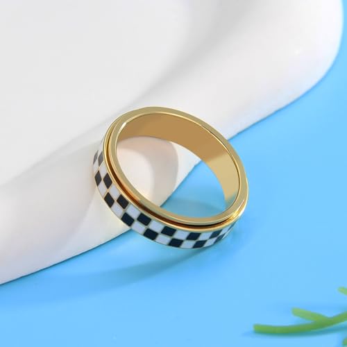 AmorArtSky Checkered Fidget Ring for Adults - 18K Gold Plated Stainless Steel Rotating Spinner Jewelry, Anxiety & Stress Relief Gift for Women/Men (Black and White Pattern) - color: Checkerboard Ring_Gold