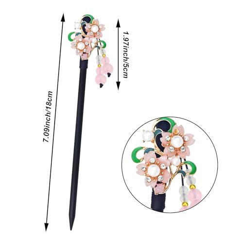 6 Pack Vintage Wooden Hair Sticks for Women, Handmade Chinese Flower Hairpins with Bead Pendants, Traditional Japanese Hair Chopsticks for Buns, Retro Hair Styling Accessories - color: Pink
