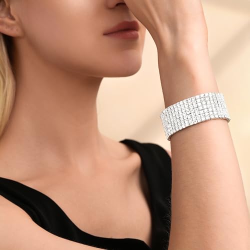 Zealmer Sparkle Multicolor Rhinestone Stackable Stretch Bracelets for Women - color: 7 Row Silver Bracelet