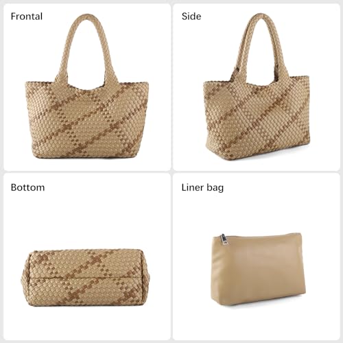 Woven Tote Bag Womens Purse Vegan Leather Shoulder Handbags Fashion Summer Beach Tote Bags Large Travel Totes - color: Apricot-b