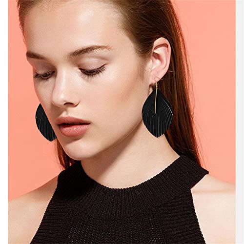 Minimalist Handmade Lightweight Large Soft Faux Leather Fringe Feather Dangle Drop Earrings Bohemian Huge Leaf Hook Earrings with Bar for Women - color: Black