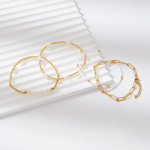 Dainty Gold Plated Pearl Crystal Beaded Bracelets Set for Women 14K Gold Plated Bead Pearl Beads Bracelet Stackable Paperclip Link Chain Bracelets Gold Plated Bracelets for Women Trendy Jewelry - color: Style3-pearl gold bead set