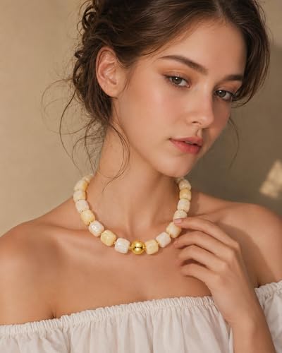 Chunky Beaded Statement Necklace for Women Trendy Colorful Boho Resin Bead Choker Necklaces Summer Handmade Jewelry Gifts Accessories - color: Beige -2