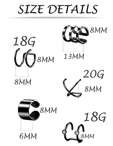 Tornito 4-10 Pairs Stainless Steel Ear Cuff Helix Cartilage Clip On Wrap Earrings Fake Nose Ring Non-Piercing Adjustable - color: F1:10 Pairs, Silver&Black Tone