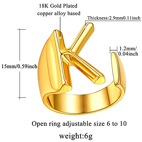 FindChic Customizable Initial Ring Statement 18K Gold Plated Fashion Cuff Rings for Women Alphabet Letter A to Z Resizable Knuckle Ring (with Gift Box) - color: K