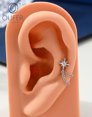 OUFER 16G Chain Cartilage Piercing Jewelry-316L Surgical Steel Gold Flat Back Push Pin Helix Earring, Star Clear CZ Double Chain Lobe Piercing Jewelry - style: Star-Silver