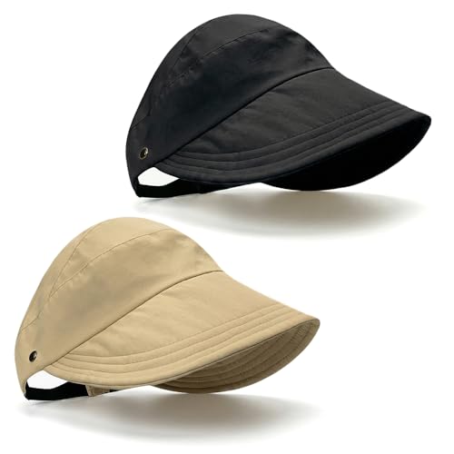 2 Pcs Women's Trendy Breathable Sun Hat, 2026 New Wide Brim UV Protection Hollow Top Sun Hat Summer Beach Packable Visor - color: Khaki + Black