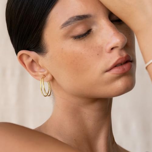 OOOPEL Large Thin Double Hoop Earrings for Women Lightweight Hypoallergenic 925 Sterling Silver Post 14K Gold Hoops Non Tarnish Sturdy Big Thin Double Layered Hoop Earrings 30/40/50/60mm - color: Gold, size: 30mm