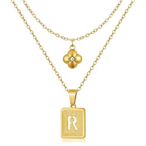 KELORIS PATH Layered Initial Necklaces for Women, 18K Gold Plated Stainless Steel Necklaces Set with Dainty Four Leaf Clover Square Cutout Letter Pendant, Fashion Jewelry for Gifts - style: R Letter