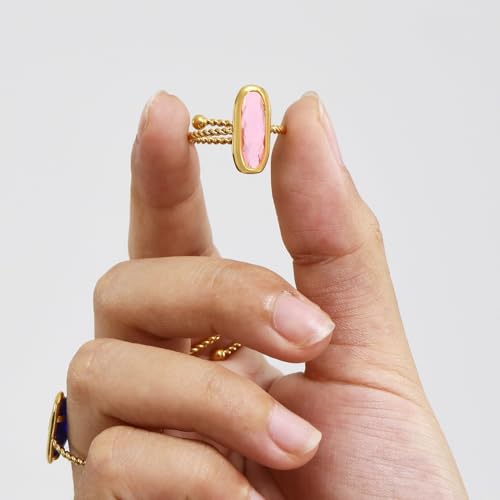 18K Gold Plated Adjustable Twisted Rings for Women Non Tarnish Oval Czech Glass Stone Stainless Steel Statement Rings Open Gemstone Boho Stackable Band Jewelry - color: Pink