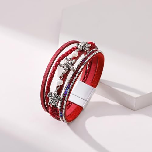 Long tiantian Boho Leather Wrap Bracelets Western Bracelets for Women Stackable Starfish Crystal Pearl Turquoise Leather Bracelet With Clasp Jewelry Gifts Boho Dresses - color: B2:RED Bracelet