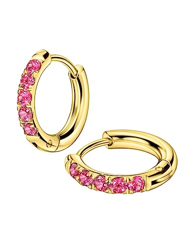 316L Surgical Stainless Steel Huggie Hoop Earrings with Cubic Zirconia, 10G 12G 14G 8-20mm Cartilage Lobe Earrings, 14G Piercing Jewelry - style: 10G 10mm Gold with Pink CZ