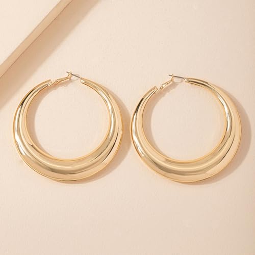 Chunky Gold Large Hoop Earrings for Women, Dainty 14K Gold Big Circle Round Statement Earrings Silver Trendy Thick Hoops Ear Jewelry for Anniversary - color: Gold