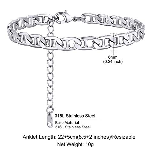 ChainsHouse Ankle Bracelets for Women, Stainless Steel Chain Anklets Waterproof, Women Summer Beach Jewelry Gift, Come with Box - color: 11. 6mm-Flat Marina-Steel