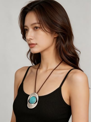 Kelake Leather Necklace for Women Men Teen Vinatge Boho Alloy Pendant Choker Jewelry Fashion Sweater Necklaces with Adjustable Genuine Leather Chain - color: Blue Turquoise Silver Swirl Pendant