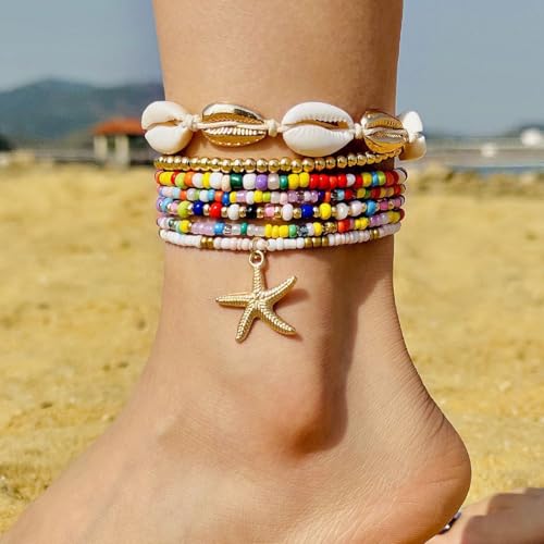 Vivian&CD Boho Shell Anklets Bracelet for Women Waterproof, Gold Layered Seashell Starfish Puka Shell Anklet, Adjustable Colorful Beaded Stack Stretch Bead Bracelet Set, Fashion Beach Foot Jewelry for Hawaii Summer Vacation - style: Starfish2