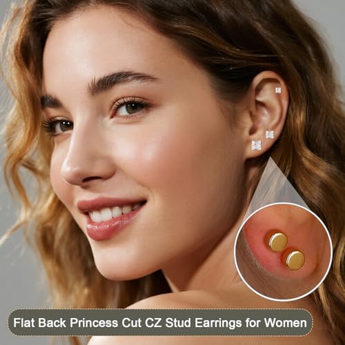 20G Hypoallergenic Surgical Steel Square Pearl Ball CZ Flat Back Stud Earrings for Sensitive Ear, Lightweight Shiny Earrings Studs for Helix Tragus Cartilage Multiple Piercing - color: Gold-B