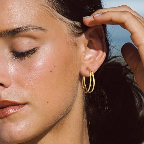OOOPEL Large Thin Double Hoop Earrings for Women Lightweight Hypoallergenic 925 Sterling Silver Post 14K Gold Hoops Non Tarnish Sturdy Big Thin Double Layered Hoop Earrings 30/40/50/60mm - color: Gold, size: 20mm