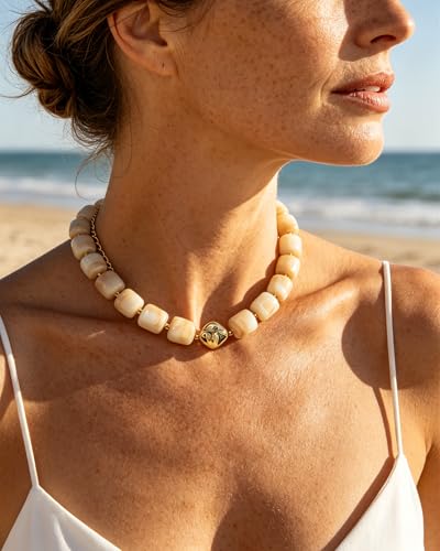 Chunky Beaded Statement Necklace for Women Trendy Colorful Boho Resin Bead Choker Necklaces Summer Handmade Jewelry Gifts Accessories - color: Gold Shell-like color -1