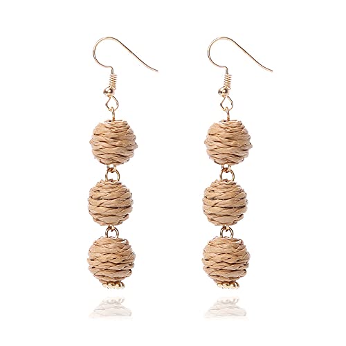 Lightweight Boho Thread Raffia Earrings for Women Handmade Braided Straw Wicker Lantern Ball Earrings Summer Beach Bohemian Geometric Earrings Holiday - color: brown
