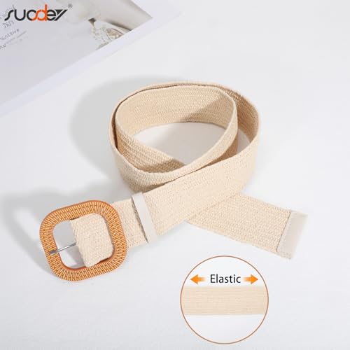 SUOSDEY 2 Pack Straw Woven Elastic Belt Braided Stretch Wide Boho Rattan Waist Belt for Women Dresses - color: 02-khaki+beige, size: Fit Waist up to 35''