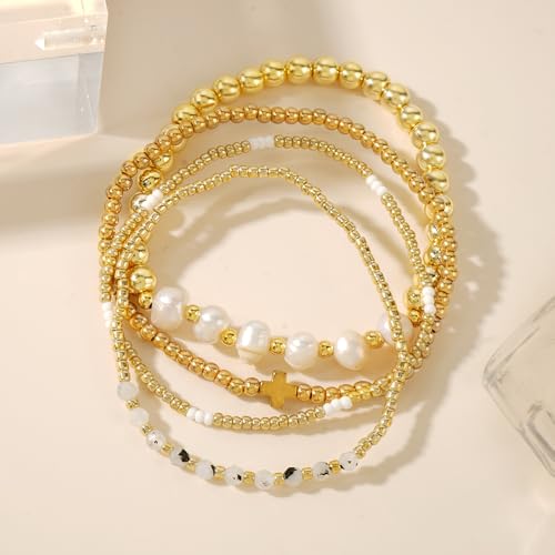 4pcs Gold Beaded Pearl Bracelets Set for Women Multi Layer Versatile Stackable Stretch Cuff Sparkly Stone Crystal Gemstone Jewelry Birthday Gifts - color: Citrine