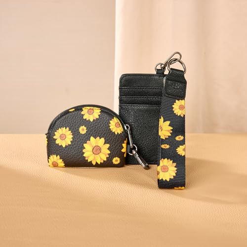 Wrangler KeyChain Wristlet Wallets for Women Sunflower Floral Dual Pouch Wristlet Western Credit Card Holder Wallet with Zipper Pocket - color: Sunflower Black
