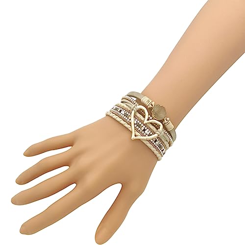 Womens Multi Layer Heart Leather Wrap Bracelet Boho Stackable Cuff Bangle Magnetic Clasp Crystal Birthday Valentine Gift - color: Khaki