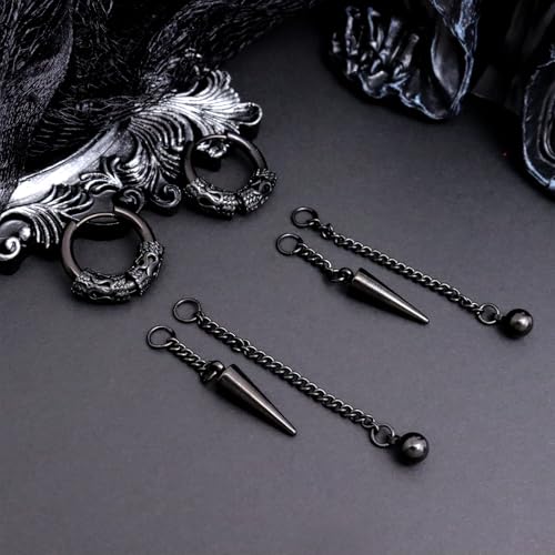 Sonateomber Gothic Silver Black Small Hoop Earrings for Women Men, Punk Hip Hop Engrave Beaded Goth Dangle Drop Earings Halloween Costumes Accessories Prom Fashion Jewelry Gift - color: Black Spike