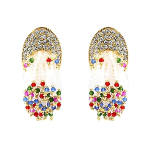 Crystal Beaded Tassel Drop Earrings, Rhinestone Gold Tone, Bohemian Dangle Statement Jewelry for Women