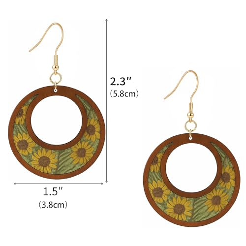 Boho Teardrop Earrings, Handmade Copper Bohemian Earrings, Dangle Antique Ethnic Jewelry for Women - color: Wood Sunflower