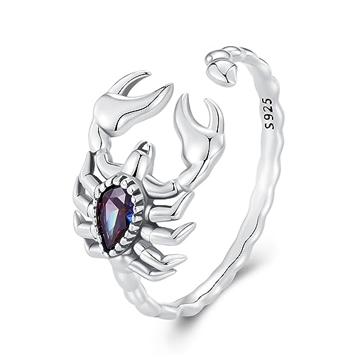 BISAER 925 Sterling Silver Ring Adjustable Cute Unique Cat Snake Butterfly Dragonfly Fashionable Ring For Women Jewelry - color: Purple Scorpion