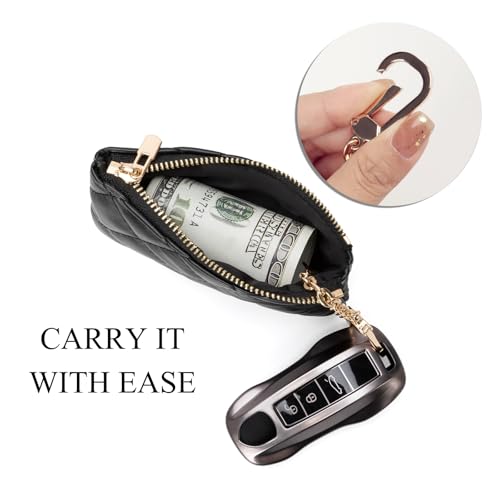 Quilted Leather Coin Purse with Keychain - Small Coin Pouch Key Pouch Small Card Holder Keychain Wallet Change Purse for Women and Men (Black) - color: Black