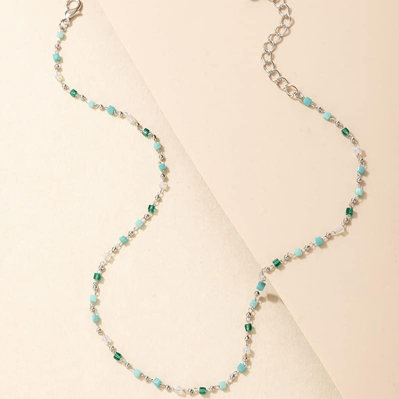 FUTIMELY Bohemia Green Beaded Beads Choker Necklace for Women,Simple Fresh Green Beaded Square Round Bead Choker Necklace - color: Silver