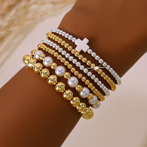 Silver Gold Beaded Bracelets for Women Stackable 14K Gold Plated Beads Ball Cross Bracelet Stack Non Tarnish Elastic Stretch Trendy Jewelry Christian Friendship Christmas Gifts for Women - color: 6pcs-White Cross