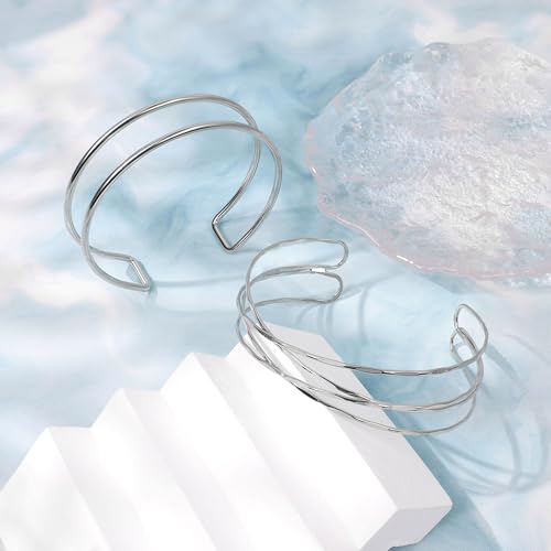 2Pcs Gold Arm Cuff for Women Adjustable Arm Cuff Bracelet Minimalist Open Coil Upper Arm Band Cuff Bangle Set - style: Silver B