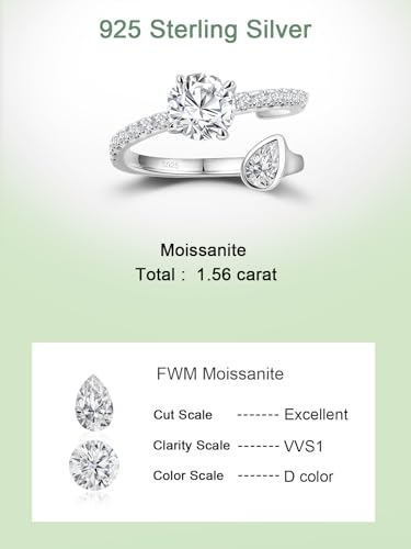 FWM Round Cut Moissanite Simple Open Rings for Women, Adjustable Ring, Solid Sterling Silver With Gold Plated, Stackable Wedding Band, Anniversary Valentines Mothers Day Christmas Gift - color: Round & Pear Cut - White Gold, size: 6