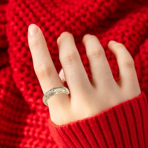 Dainty Engraved Plumeria Flower Ring, 14K Gold Plated Hawaiian Princess Plumeria Flower Scroll Promise Ring Stackable Wedding Engagement Band Jewelry for Women or Men - color: Gold
