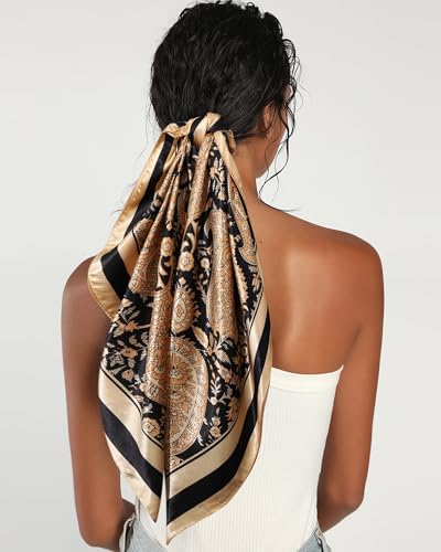 AWAYTR 35” Satin Head Scarf for Women Like Silk Scarf for Hair Scarf Satin Hair Bandana Women Headscarf Hair Wrap Scarf Neck - color: Light Camel