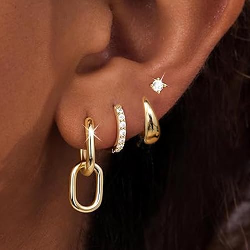 Small Gold Hoop Earrings Set for Women, 14K Gold Plated Lightweight Earrings Sets for Multiple Piercing, Hypoallergenic Huggie Gold Hoops Earrings for Women Jewelry - color: Gold-D