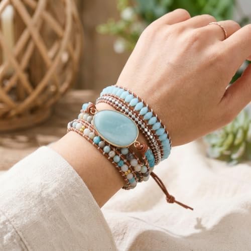 YGLINE Boho Handmade Wrap Leather Tube Crystal Stone Bracelet for Women - color: Amazonite 2