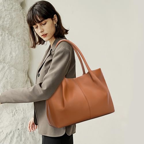 KKXIU Tote Bag for Women Vegan Leather Shoulder Purse Large Capacity Travel Bag - color: Orange Brown