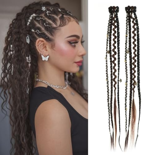 Clip in braids, 2PCS 16Inch Dreadlock Extensions with Beads & Chains, Viking Boho Braids for Cosplay, Renaissance Festival, Daily Styling (Dark Brown Mix, 16 Inch) - color: Dark Brown Mix
